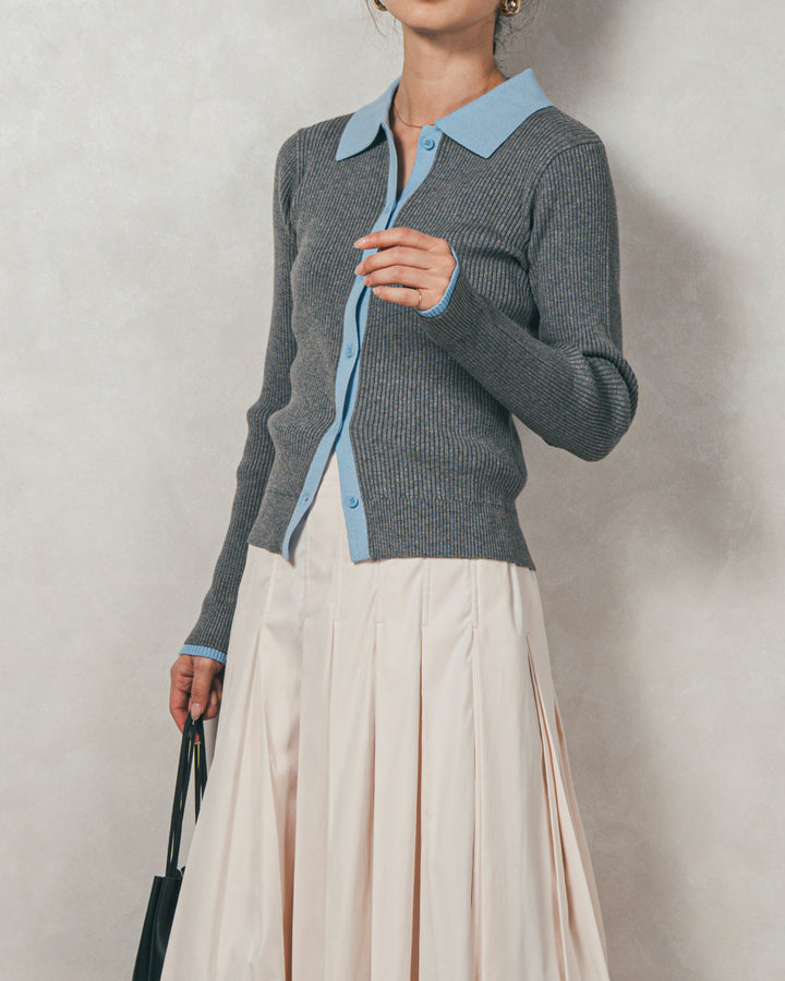 ［SET］バイカラー襟付きニットトップス+W-Tuckプリーツロングスカート（2SET）