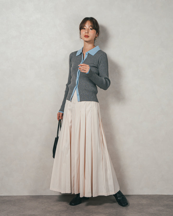 ［SET］バイカラー襟付きニットトップス+W-Tuckプリーツロングスカート（2SET）
