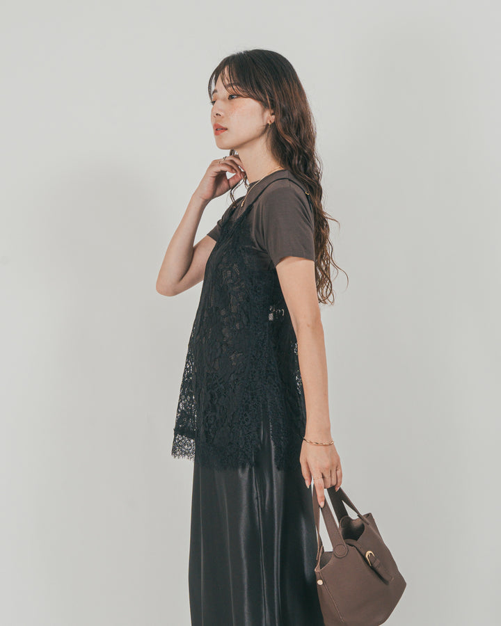 ［SET］ラッセルレース キャミ + 【接触冷感・UVカット・防臭】コンパクト半袖Tee + サテンNarrowスカート（3SET）