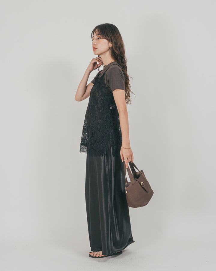 ［SET］ラッセルレース キャミ + 【接触冷感・UVカット・防臭】コンパクト半袖Tee + サテンNarrowスカート（3SET）