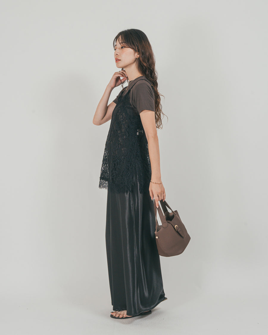 ［SET］ラッセルレース キャミ + 【接触冷感・UVカット・防臭】コンパクト半袖Tee + サテンNarrowスカート（3SET）