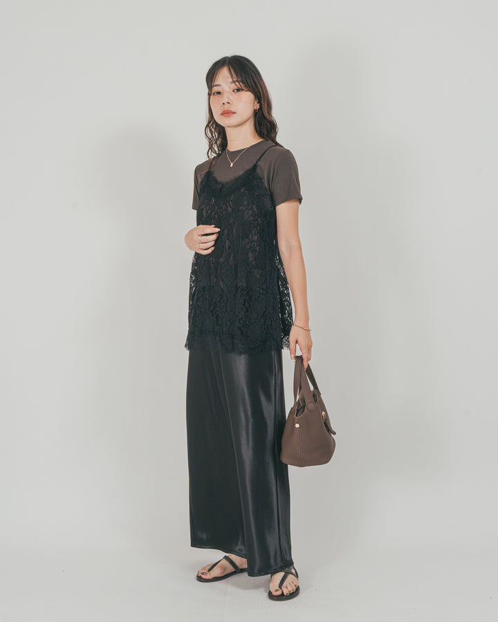 ［SET］ラッセルレース キャミ + 【接触冷感・UVカット・防臭】コンパクト半袖Tee + サテンNarrowスカート（3SET）