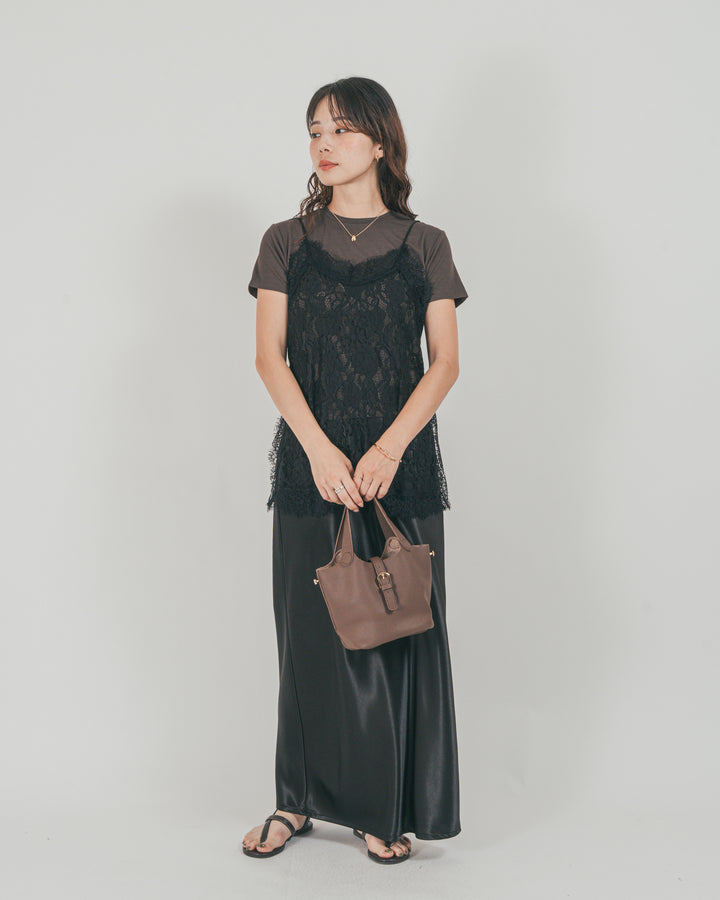 ［SET］ラッセルレース キャミ + 【接触冷感・UVカット・防臭】コンパクト半袖Tee + サテンNarrowスカート（3SET）