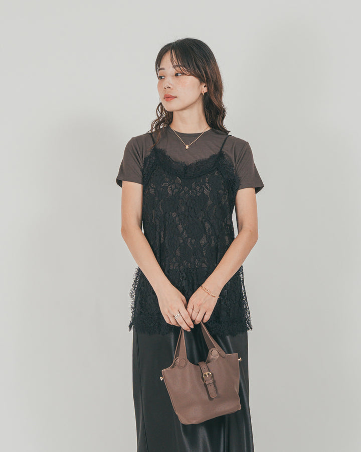 ［SET］ラッセルレース キャミ + 【接触冷感・UVカット・防臭】コンパクト半袖Tee + サテンNarrowスカート（3SET）