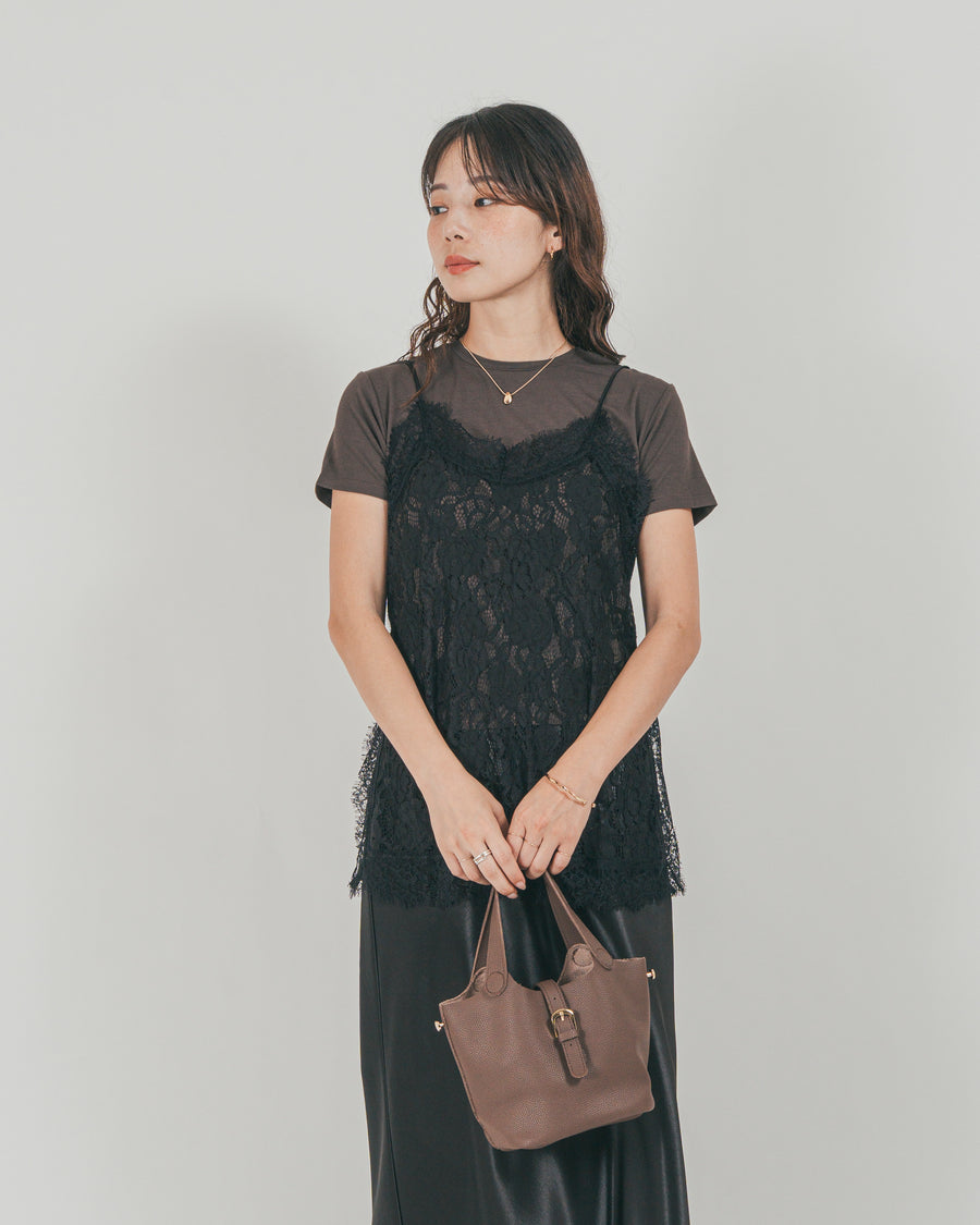 ［SET］ラッセルレース キャミ + 【接触冷感・UVカット・防臭】コンパクト半袖Tee + サテンNarrowスカート（3SET）