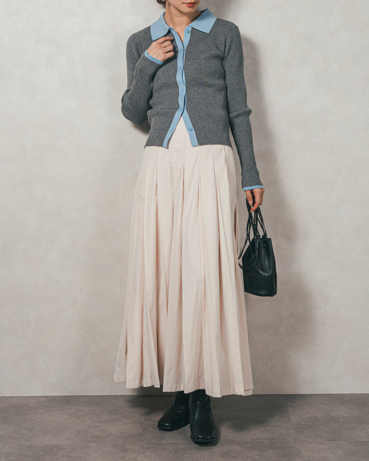 ［SET］バイカラー襟付きニットトップス+W-Tuckプリーツロングスカート（2SET）