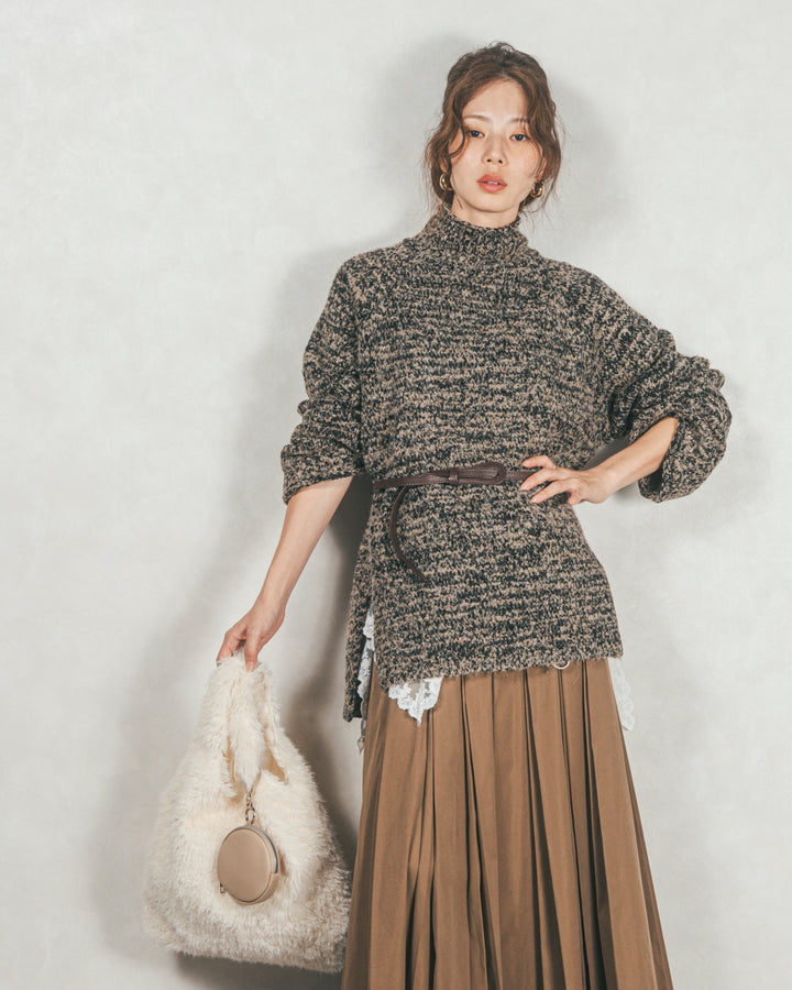 ［SET］ブークレMix ハイネックニット+W-Tuckプリーツロングスカート（2SET）