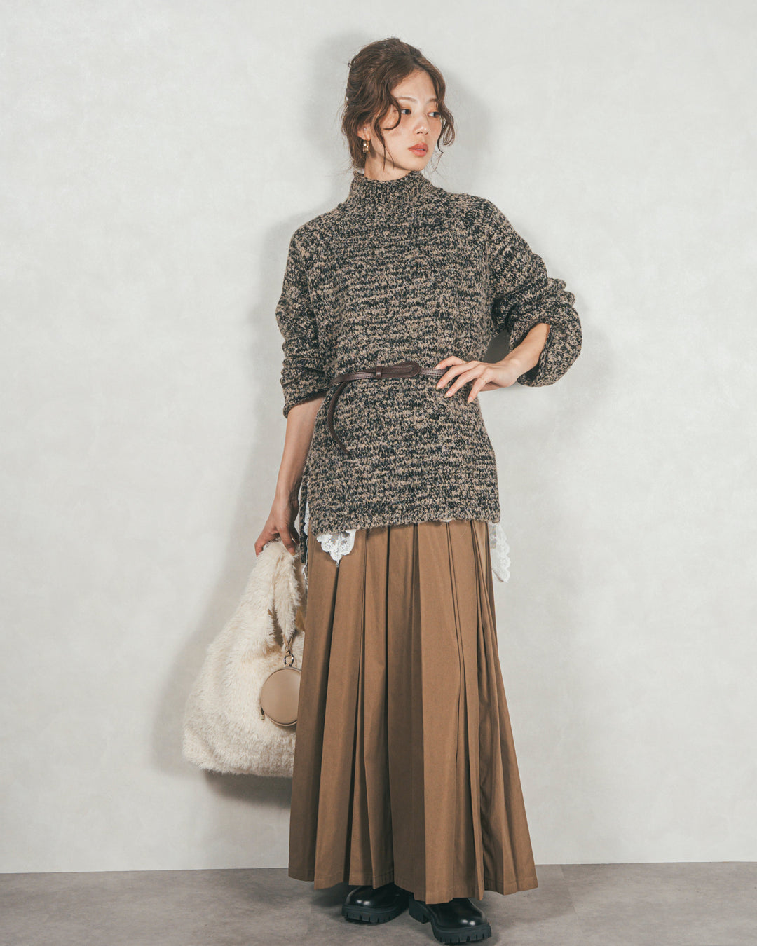 ［SET］ブークレMix ハイネックニット+W-Tuckプリーツロングスカート（2SET）