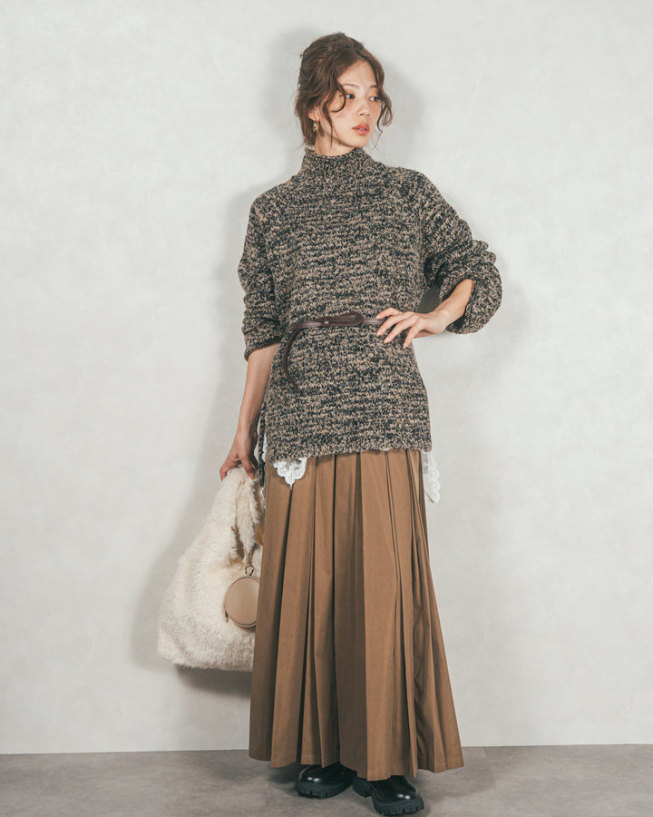 ［SET］ブークレMix ハイネックニット+W-Tuckプリーツロングスカート（2SET）