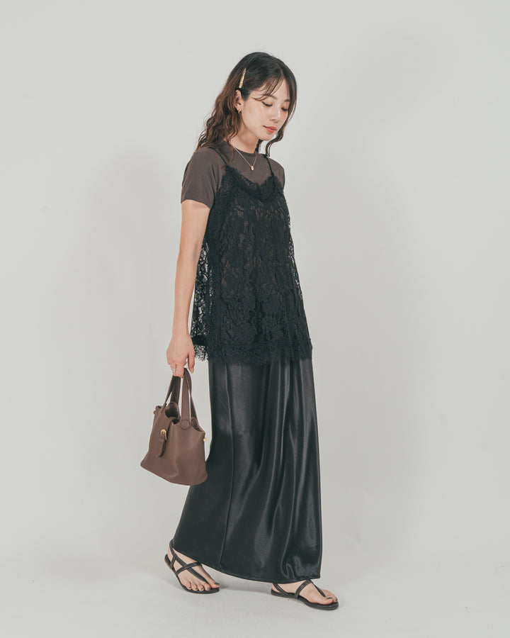 ［SET］ラッセルレース キャミ + 【接触冷感・UVカット・防臭】コンパクト半袖Tee + サテンNarrowスカート（3SET）