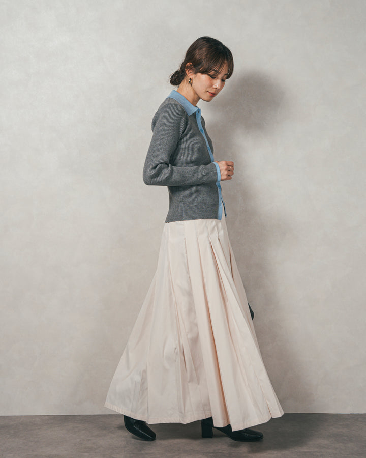 ［SET］バイカラー襟付きニットトップス+W-Tuckプリーツロングスカート（2SET）