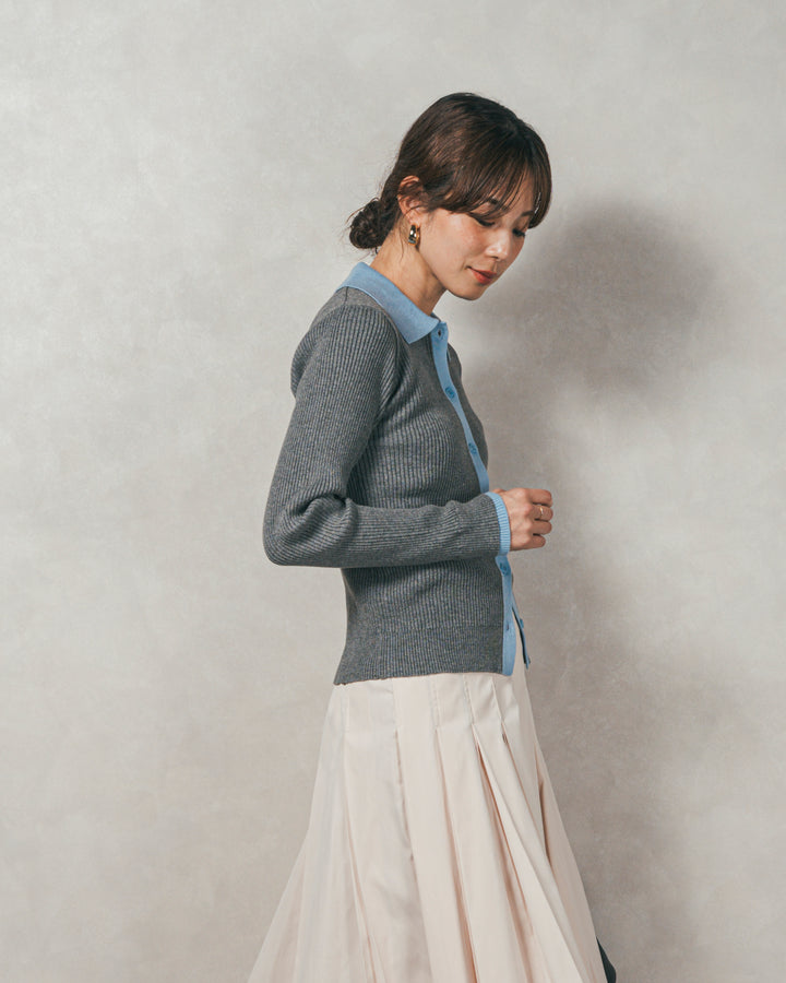 ［SET］バイカラー襟付きニットトップス+W-Tuckプリーツロングスカート（2SET）