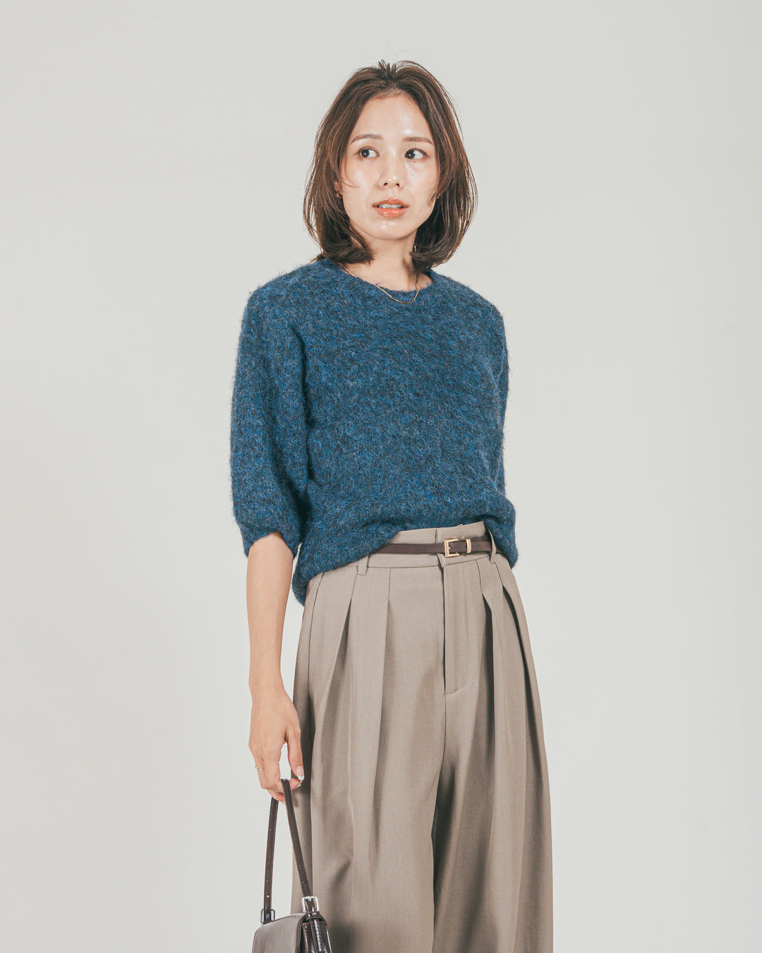［SET］フェザータッチハーフスリーブニット + ダブルタック ハイウエストワイドパンツ（2SET）