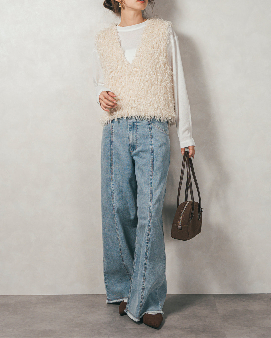 ［SET］2-Way フリンジベスト+スラブシアークルーネックT+センターシーム リラックスカラーデニム（3SET）