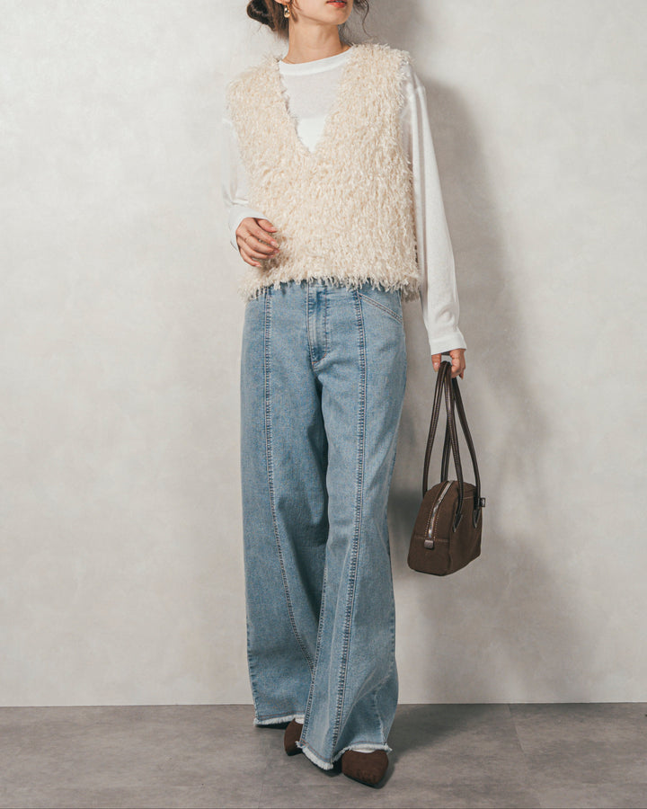 ［SET］2-Way フリンジベスト+スラブシアークルーネックT+センターシーム リラックスカラーデニム（3SET）
