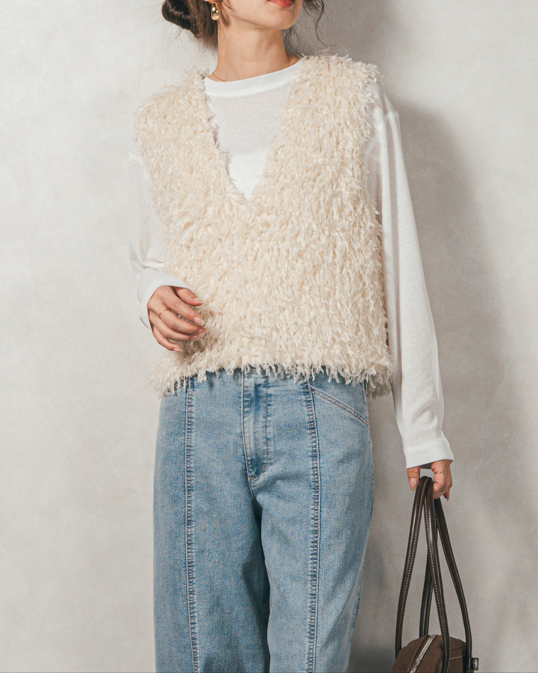 ［SET］2-Way フリンジベスト+スラブシアークルーネックT+センターシーム リラックスカラーデニム（3SET）