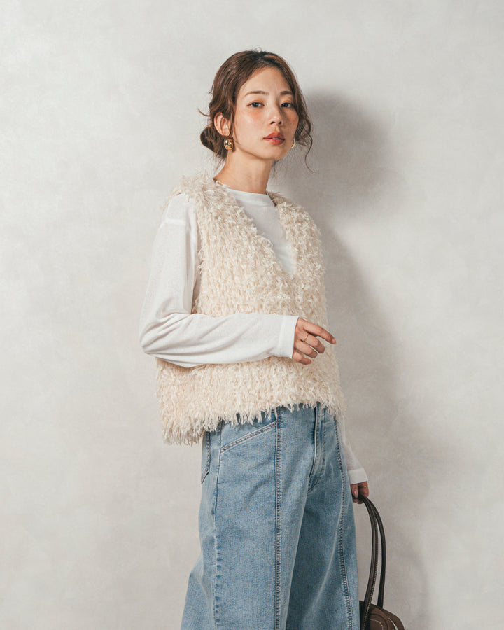 ［SET］2-Way フリンジベスト+スラブシアークルーネックT+センターシーム リラックスカラーデニム（3SET）