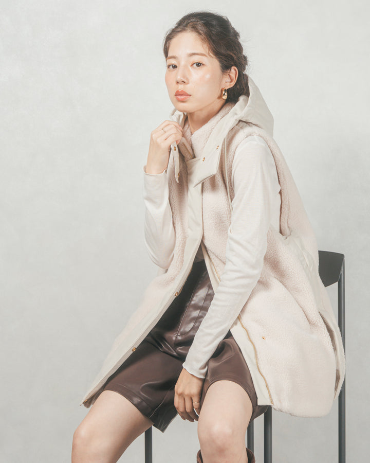 ［SET］ボアxナイロン フーディーベスト+レザーライクハーフパンツ（2SET）