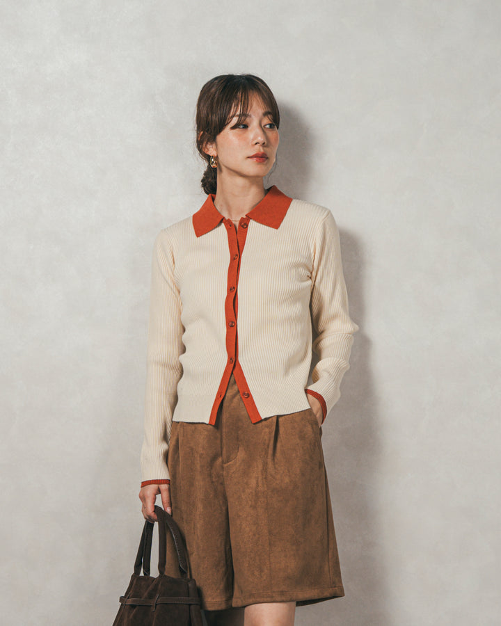 ［SET］バイカラー襟付きニットトップス+スウェードライクハーフパンツ（2SET）