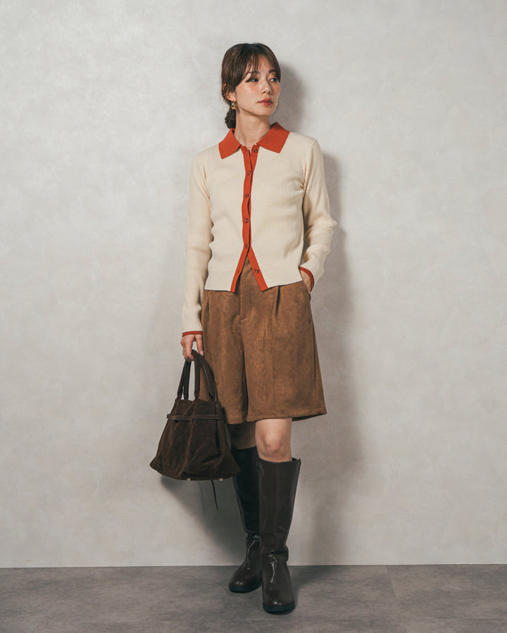 ［SET］バイカラー襟付きニットトップス+スウェードライクハーフパンツ（2SET）