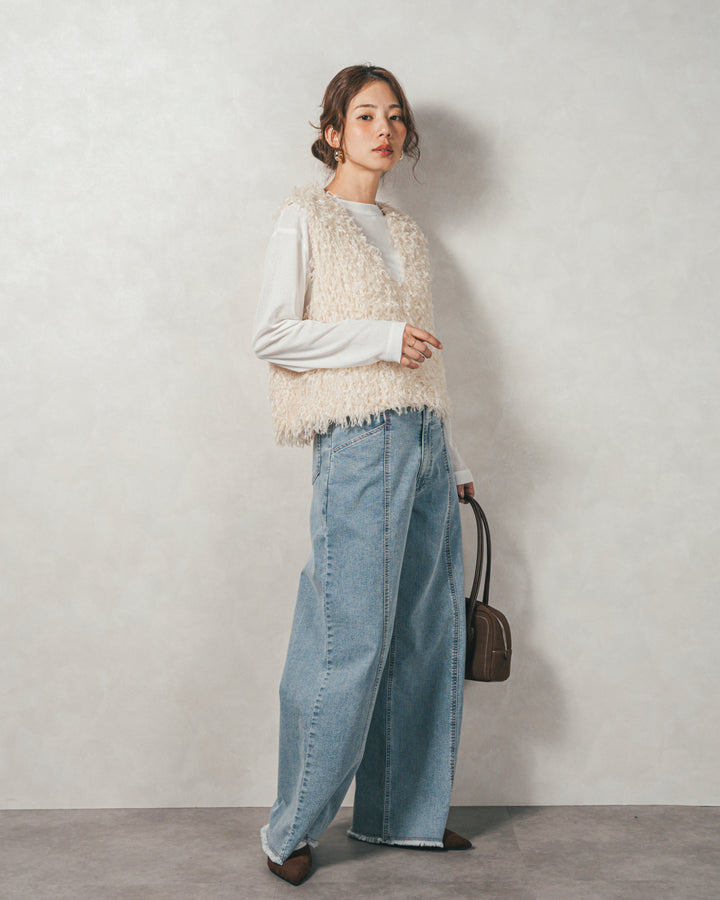 ［SET］2-Way フリンジベスト+スラブシアークルーネックT+センターシーム リラックスカラーデニム（3SET）