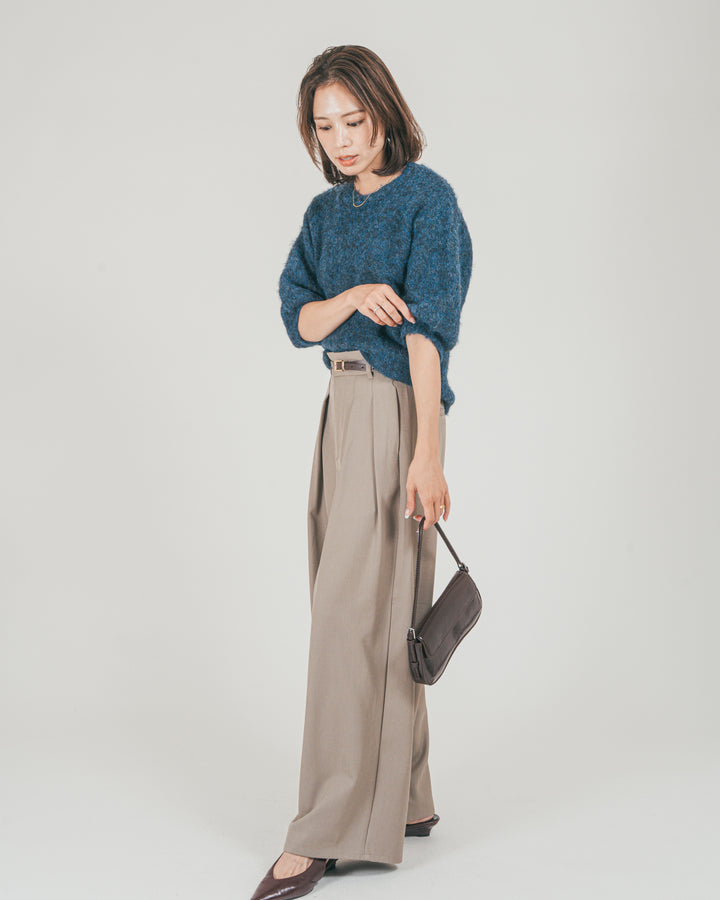 ［SET］フェザータッチハーフスリーブニット + ダブルタック ハイウエストワイドパンツ（2SET）
