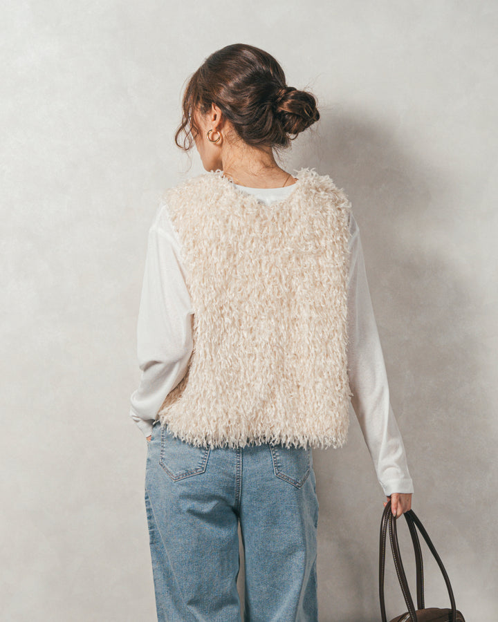 ［SET］2-Way フリンジベスト+スラブシアークルーネックT+センターシーム リラックスカラーデニム（3SET）