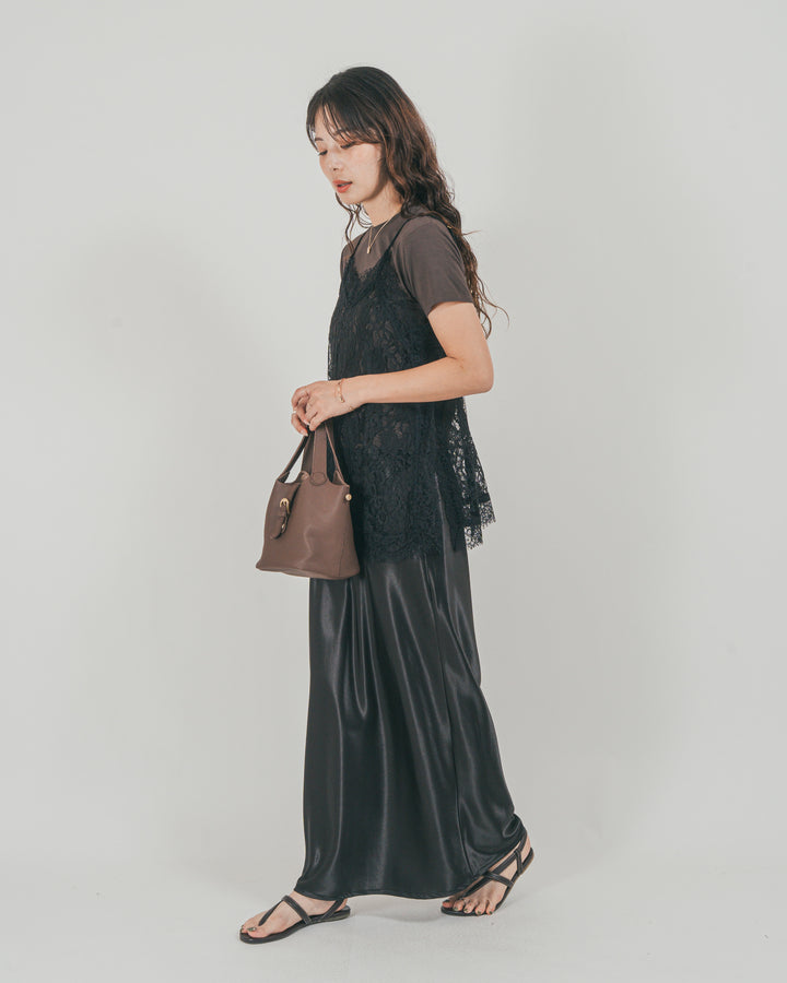 ［SET］ラッセルレース キャミ + 【接触冷感・UVカット・防臭】コンパクト半袖Tee + サテンNarrowスカート（3SET）