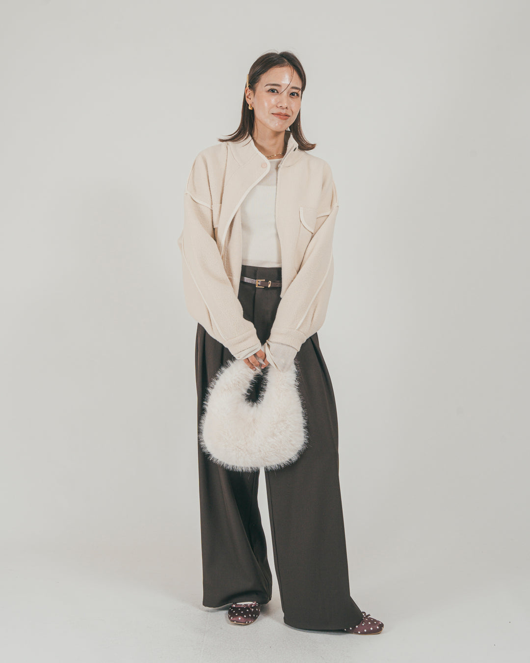 ［SET］Softショートニットブルゾン + ダブルタック ハイウエストワイドパンツ（2SET）