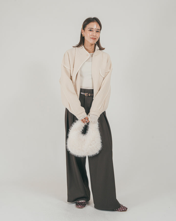 ［SET］Softショートニットブルゾン + ダブルタック ハイウエストワイドパンツ（2SET）