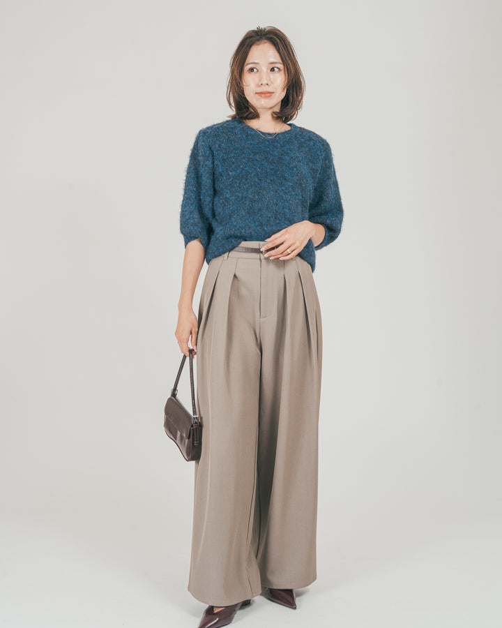 ［SET］フェザータッチハーフスリーブニット + ダブルタック ハイウエストワイドパンツ（2SET）