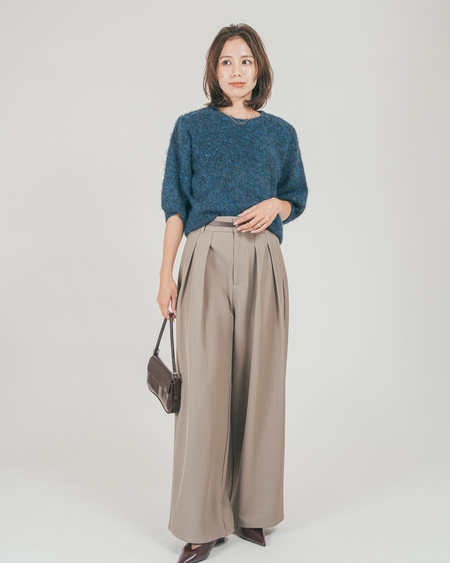 ［SET］フェザータッチハーフスリーブニット + ダブルタック ハイウエストワイドパンツ（2SET）