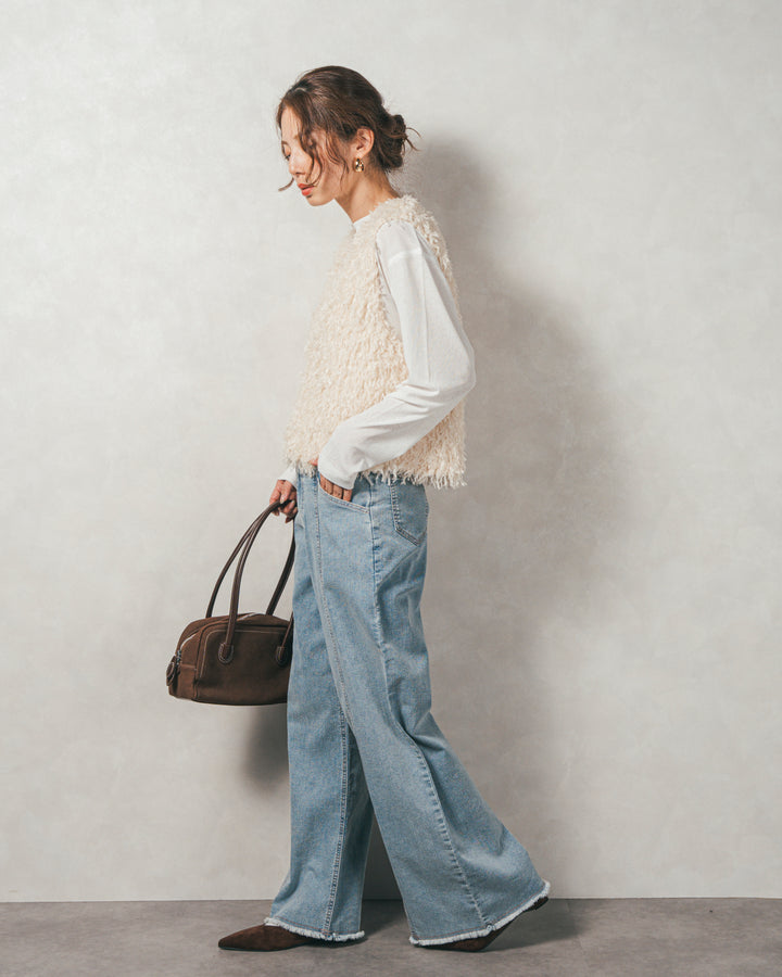 ［SET］2-Way フリンジベスト+スラブシアークルーネックT+センターシーム リラックスカラーデニム（3SET）