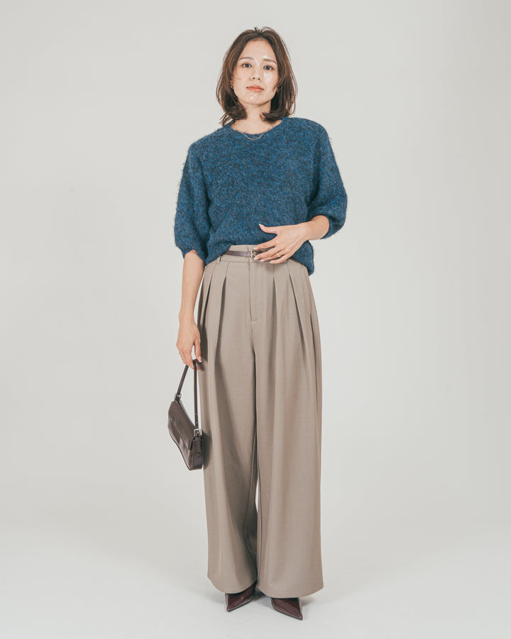 ［SET］フェザータッチハーフスリーブニット + ダブルタック ハイウエストワイドパンツ（2SET）