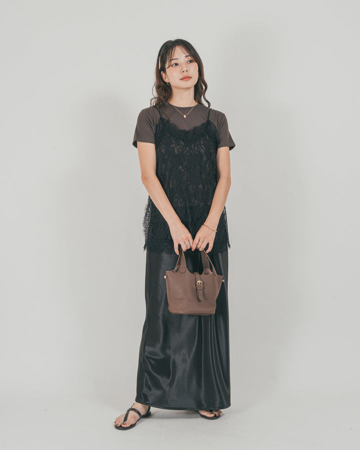 ［SET］ラッセルレース キャミ + 【接触冷感・UVカット・防臭】コンパクト半袖Tee + サテンNarrowスカート（3SET）
