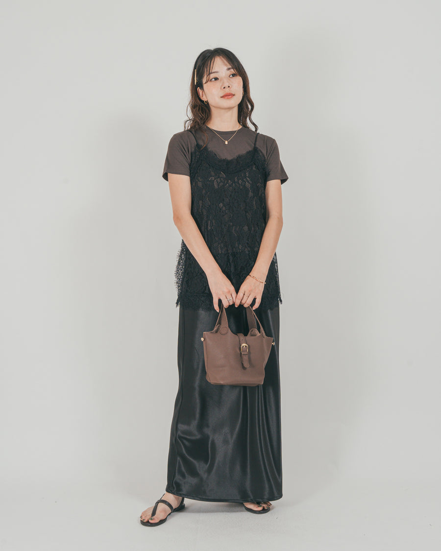 ［SET］ラッセルレース キャミ + 【接触冷感・UVカット・防臭】コンパクト半袖Tee + サテンNarrowスカート（3SET）