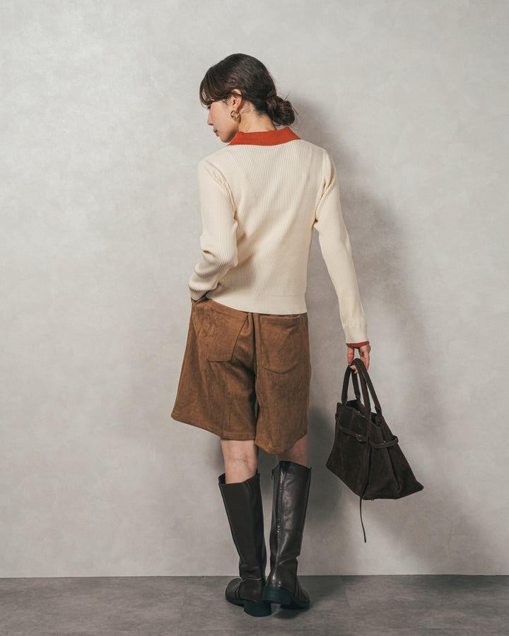 ［SET］バイカラー襟付きニットトップス+スウェードライクハーフパンツ（2SET）