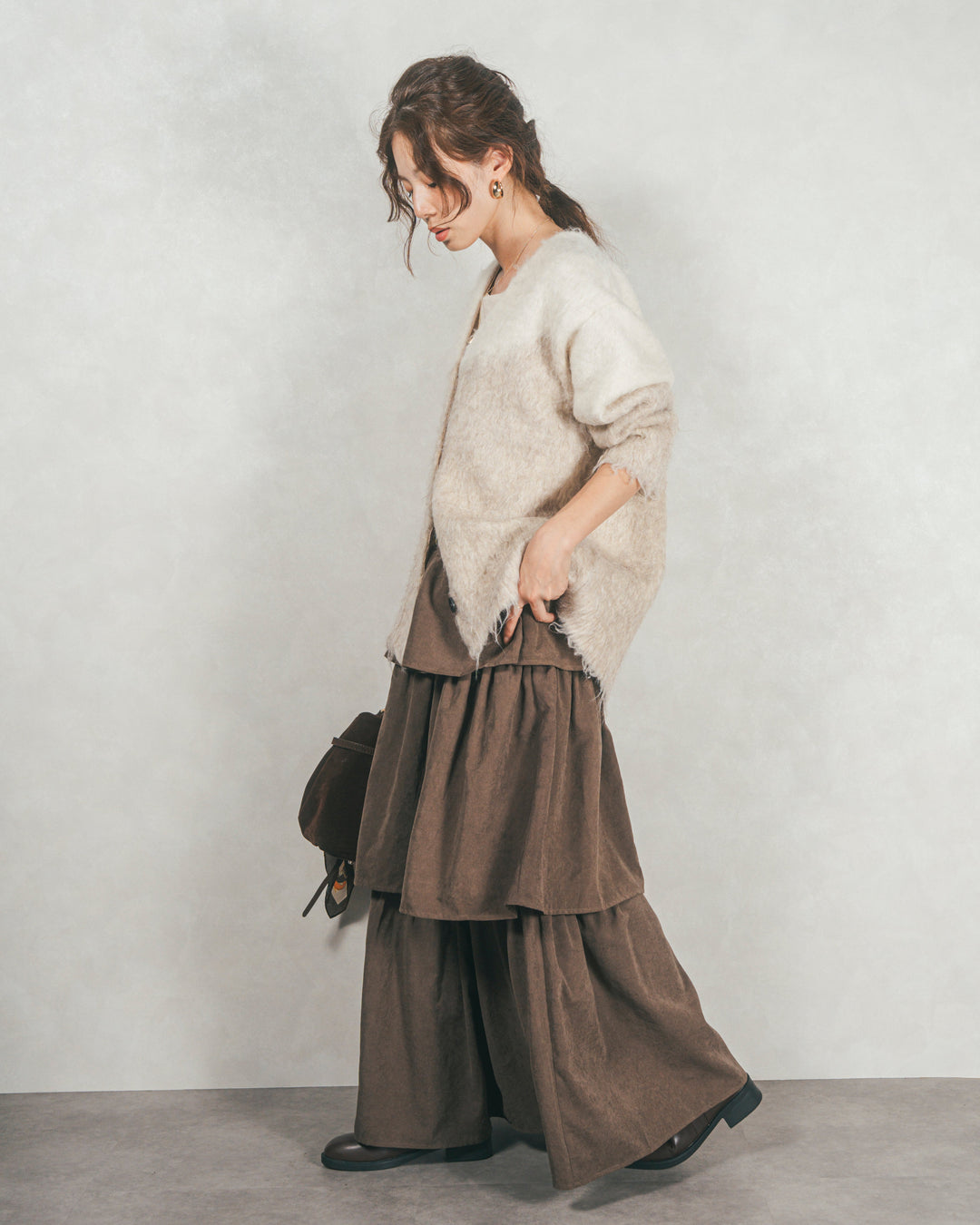 ［SET］Airyフェザー ニットカーディガン+Flareティアードロングスカート（2SET）