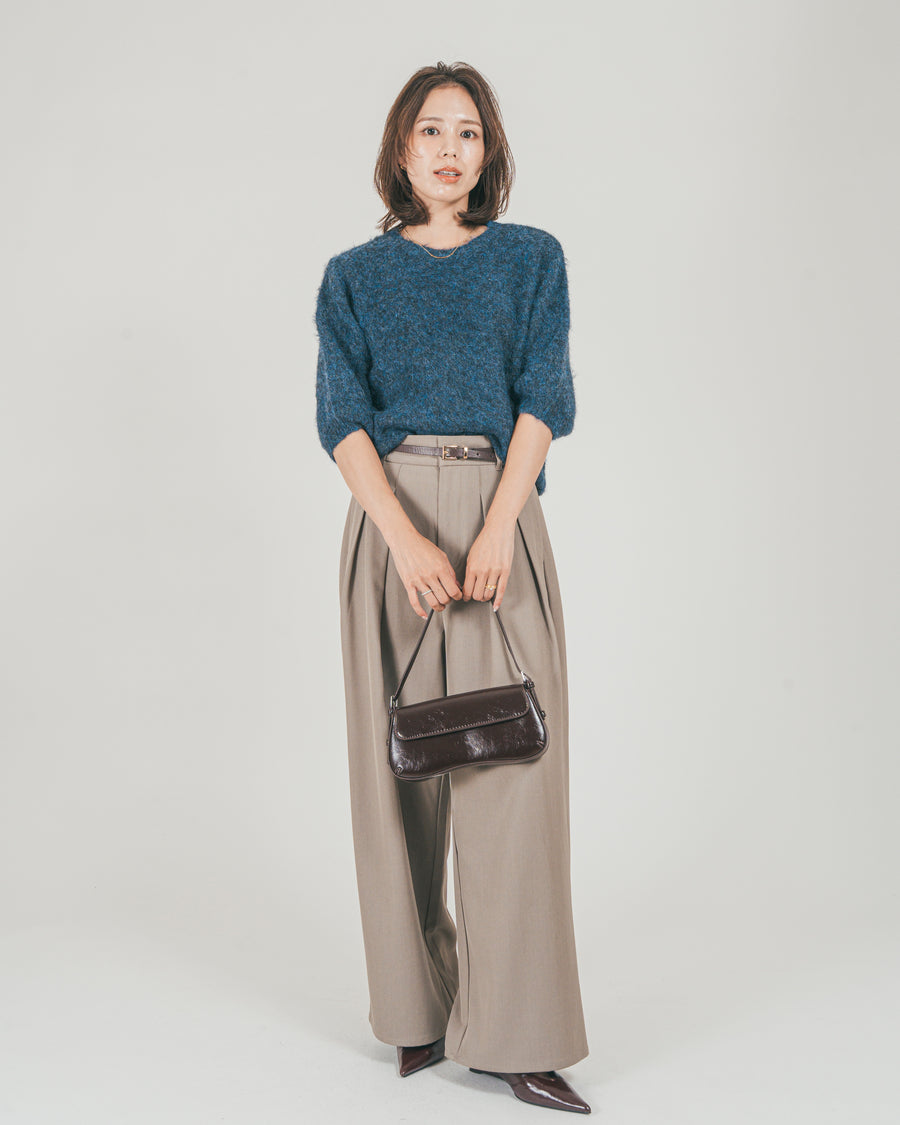 ［SET］フェザータッチハーフスリーブニット + ダブルタック ハイウエストワイドパンツ（2SET）