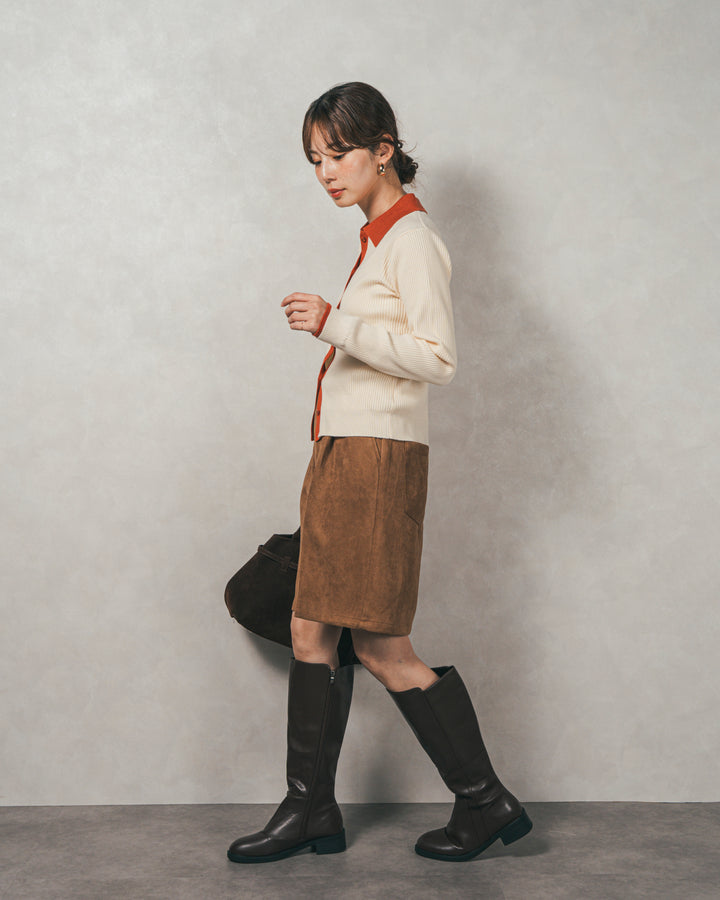 ［SET］バイカラー襟付きニットトップス+スウェードライクハーフパンツ（2SET）