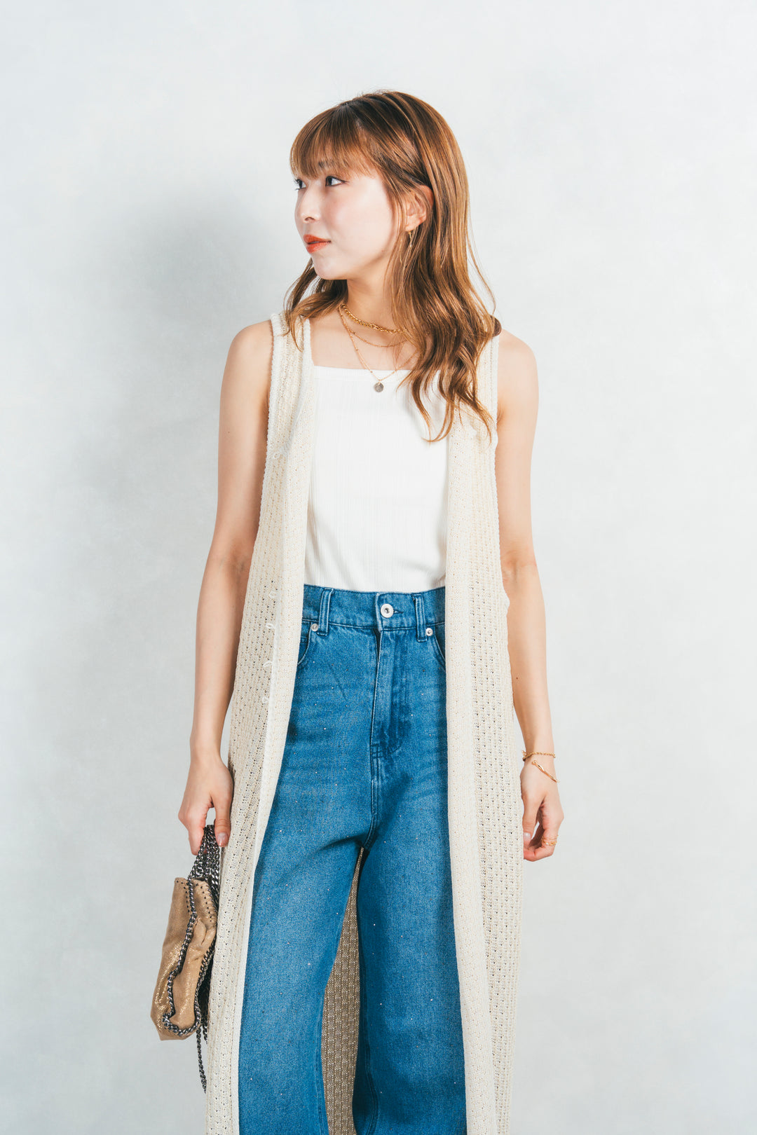 ［SET］Multi-Way ロングジレ＋ラインストーンストレートデニム（2SET）