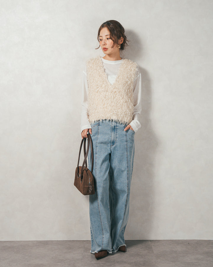 ［SET］2-Way フリンジベスト+スラブシアークルーネックT+センターシーム リラックスカラーデニム（3SET）