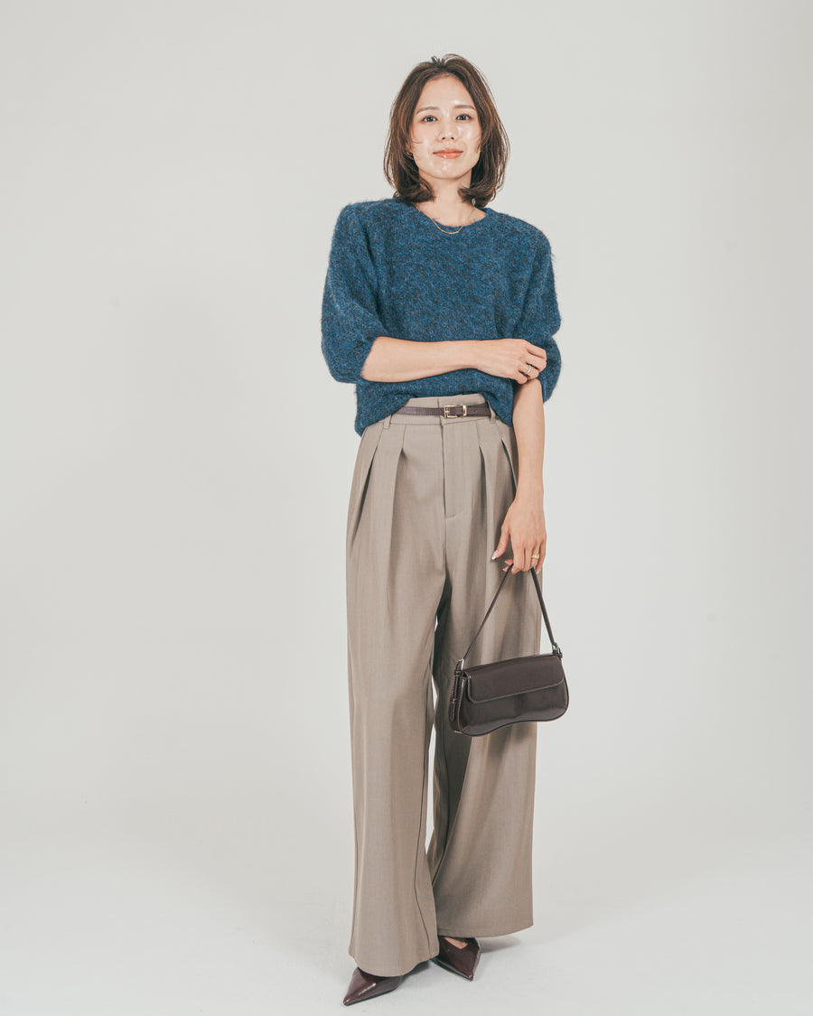 ［SET］フェザータッチハーフスリーブニット + ダブルタック ハイウエストワイドパンツ（2SET）
