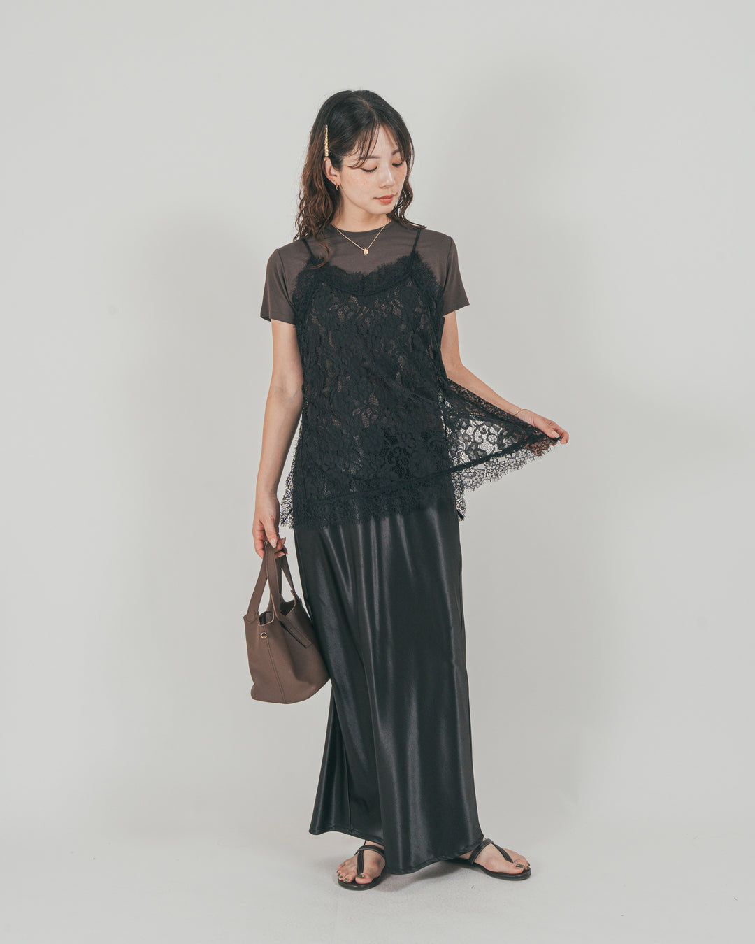 ［SET］ラッセルレース キャミ + 【接触冷感・UVカット・防臭】コンパクト半袖Tee + サテンNarrowスカート（3SET）