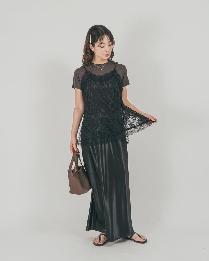 ［SET］ラッセルレース キャミ + 【接触冷感・UVカット・防臭】コンパクト半袖Tee + サテンNarrowスカート（3SET）