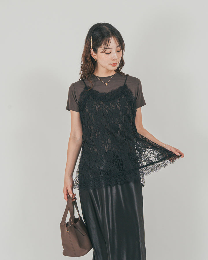 ［SET］ラッセルレース キャミ + 【接触冷感・UVカット・防臭】コンパクト半袖Tee + サテンNarrowスカート（3SET）