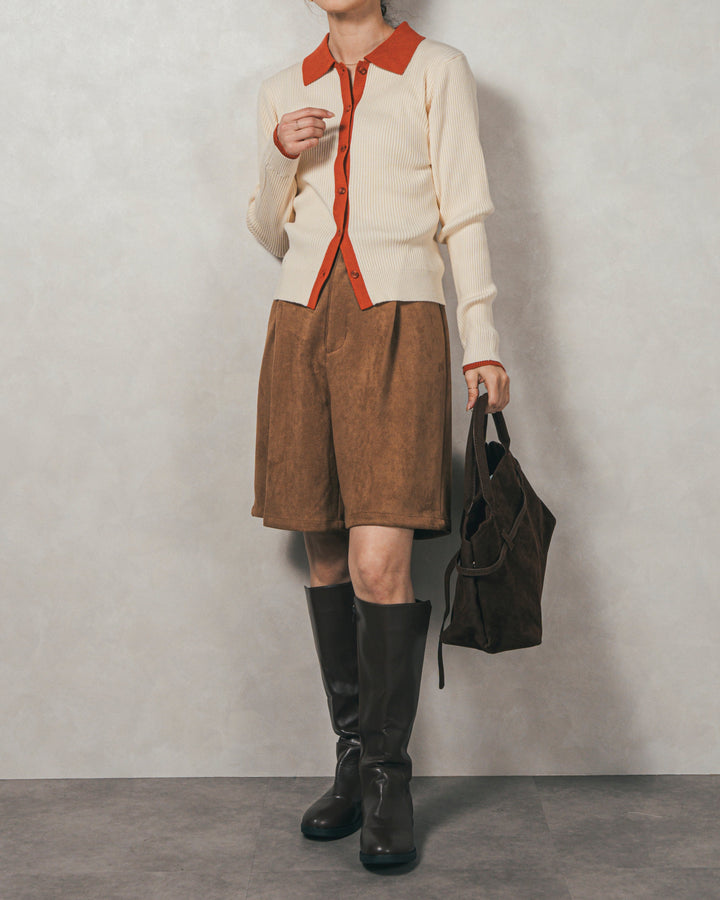 ［SET］バイカラー襟付きニットトップス+スウェードライクハーフパンツ（2SET）