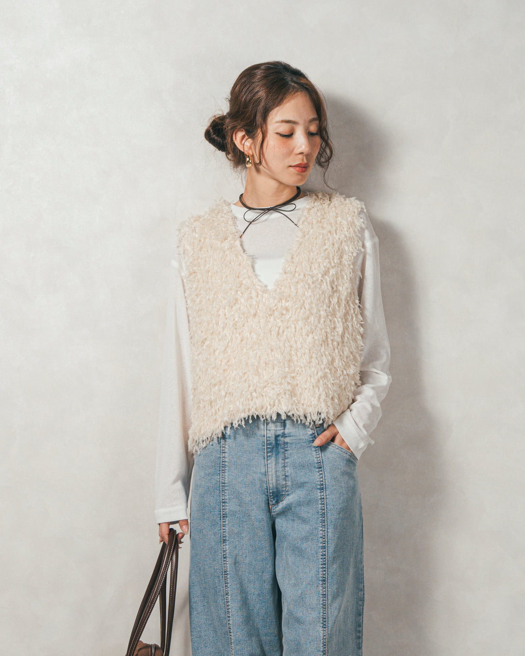 ［SET］2-Way フリンジベスト+スラブシアークルーネックT+センターシーム リラックスカラーデニム（3SET）