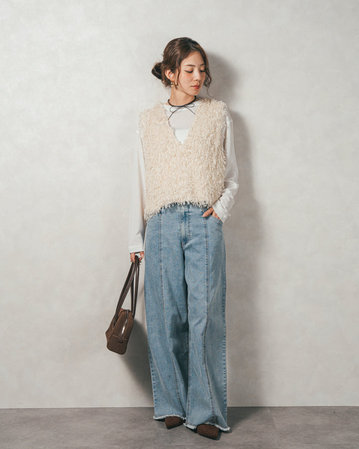 ［SET］2-Way フリンジベスト+スラブシアークルーネックT+センターシーム リラックスカラーデニム（3SET）