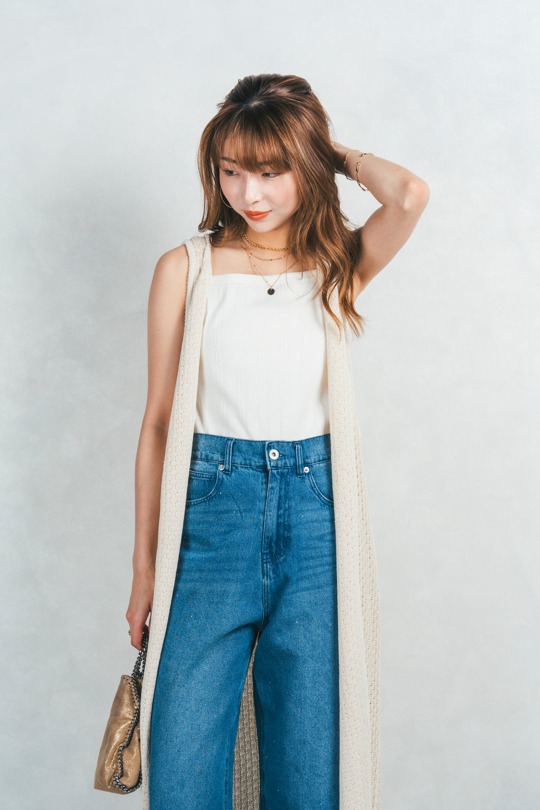 ［SET］Multi-Way ロングジレ＋ラインストーンストレートデニム（2SET）